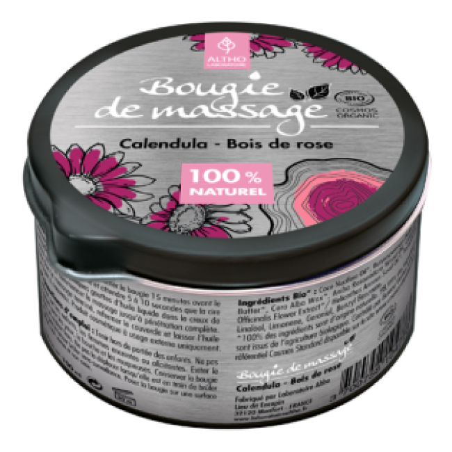 bougie de massage aux huiles essentielles bio ,calendula, bois de rose-Altho-100 ml